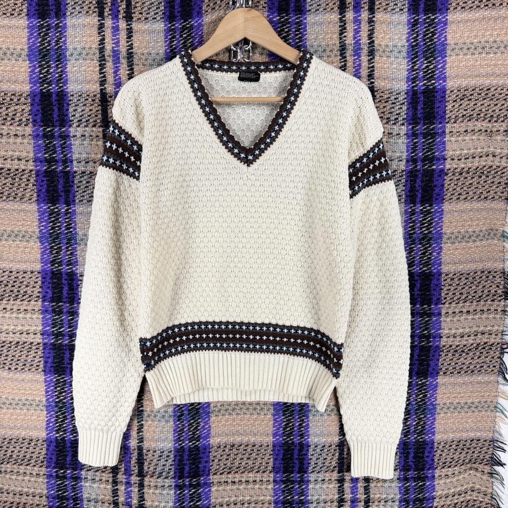Sweater‎ Womens Medium White V Neck Pullover Striped Long Sleeve Preppy Classic
